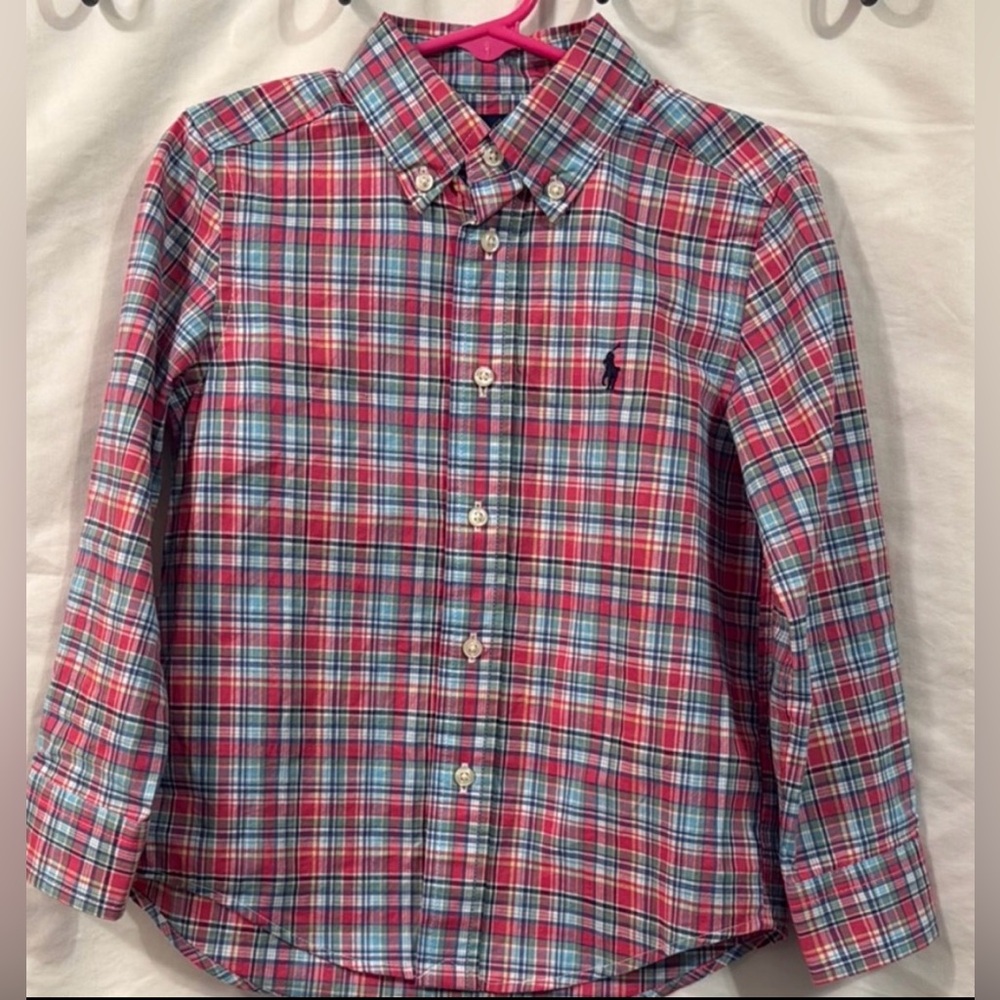 Ralph Lauren 4/4T Kids Long Sleeve Button Down Plaid Shirt Red and Blue